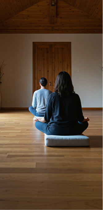 A practitioner seated in meditation in the centre's shrine room