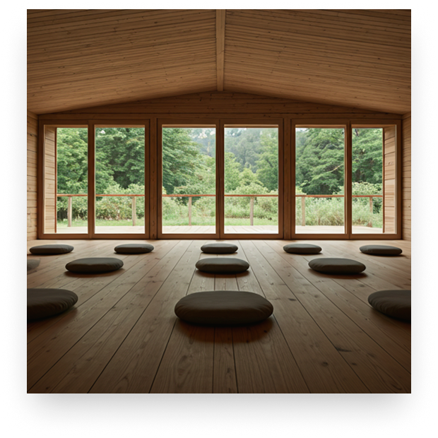 The serene meditation hall at Mati Bhadra Sagara — a space where East and West meet in practice