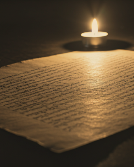 A butter lamp illuminating a page of Tibetan scripture